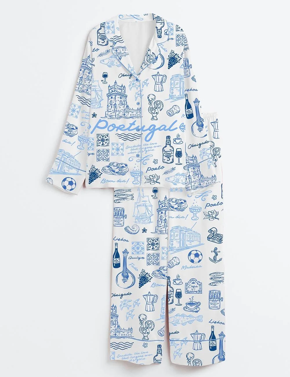Women’s Portugal Whimsical Style Illustration Satin Pajama Set (1)