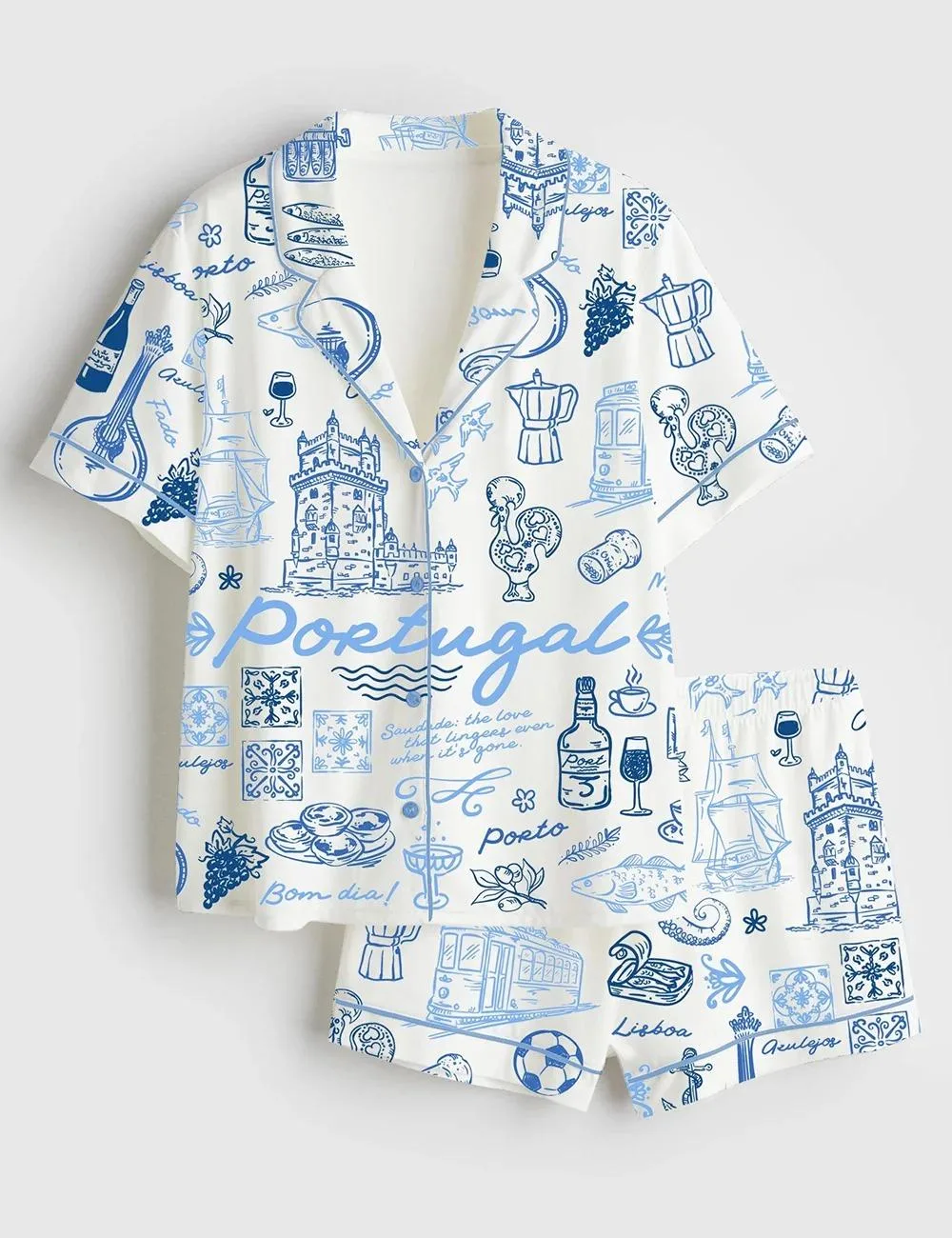 Women’s Portugal Whimsical Style Illustration Satin Pajama Set (1)