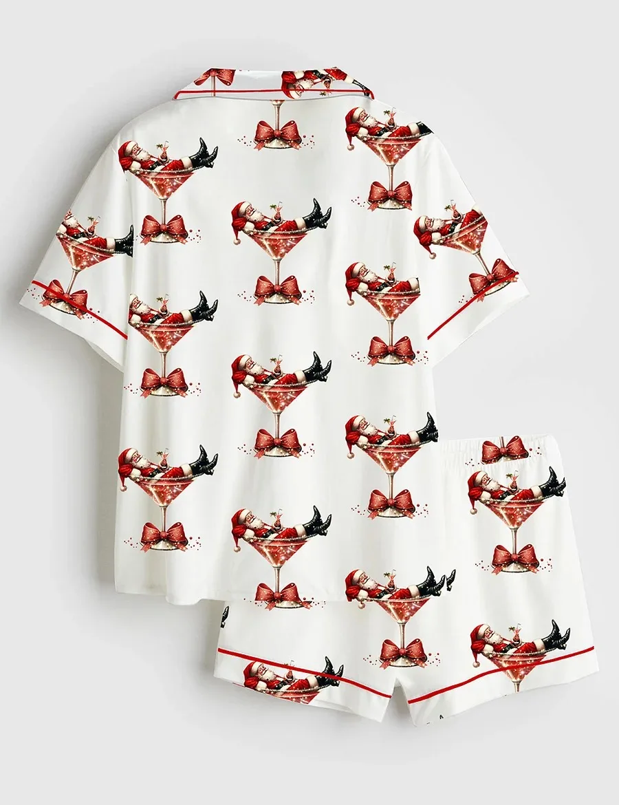 Women’s Santa's Hot Mess Christmas Martini Santa Claus Holiday Party Satin Pajama Set (1)