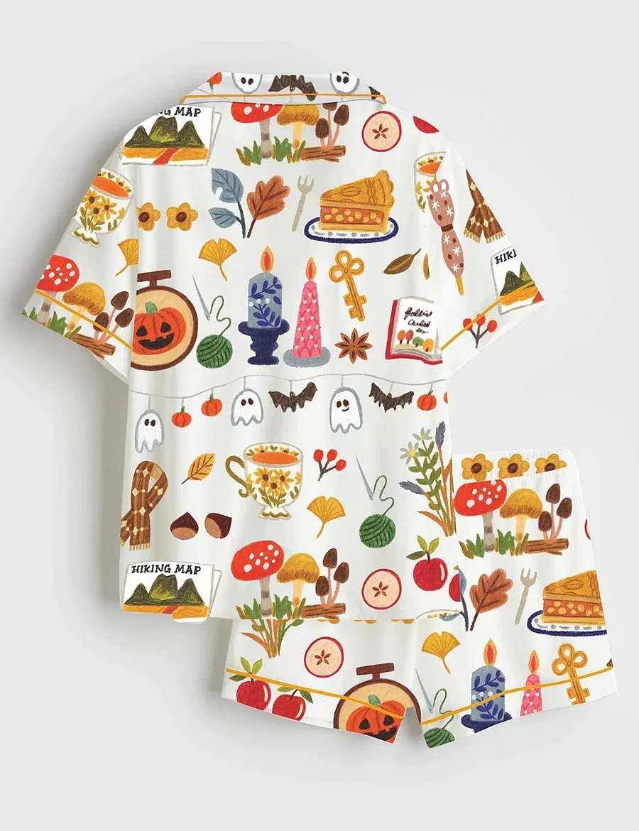Women’s Spooky Halloween Autumn Candle Coffee Cake Mushroom Wool Scarf Pumpkin Bat Satin Pajama Set (1)
