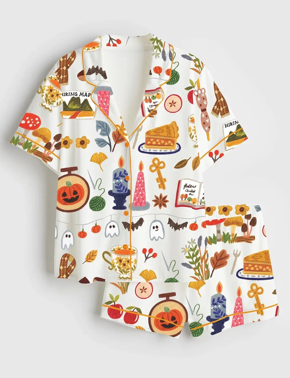 Women’s Spooky Halloween Autumn Candle Coffee Cake Mushroom Wool Scarf Pumpkin Bat Satin Pajama Set (1)