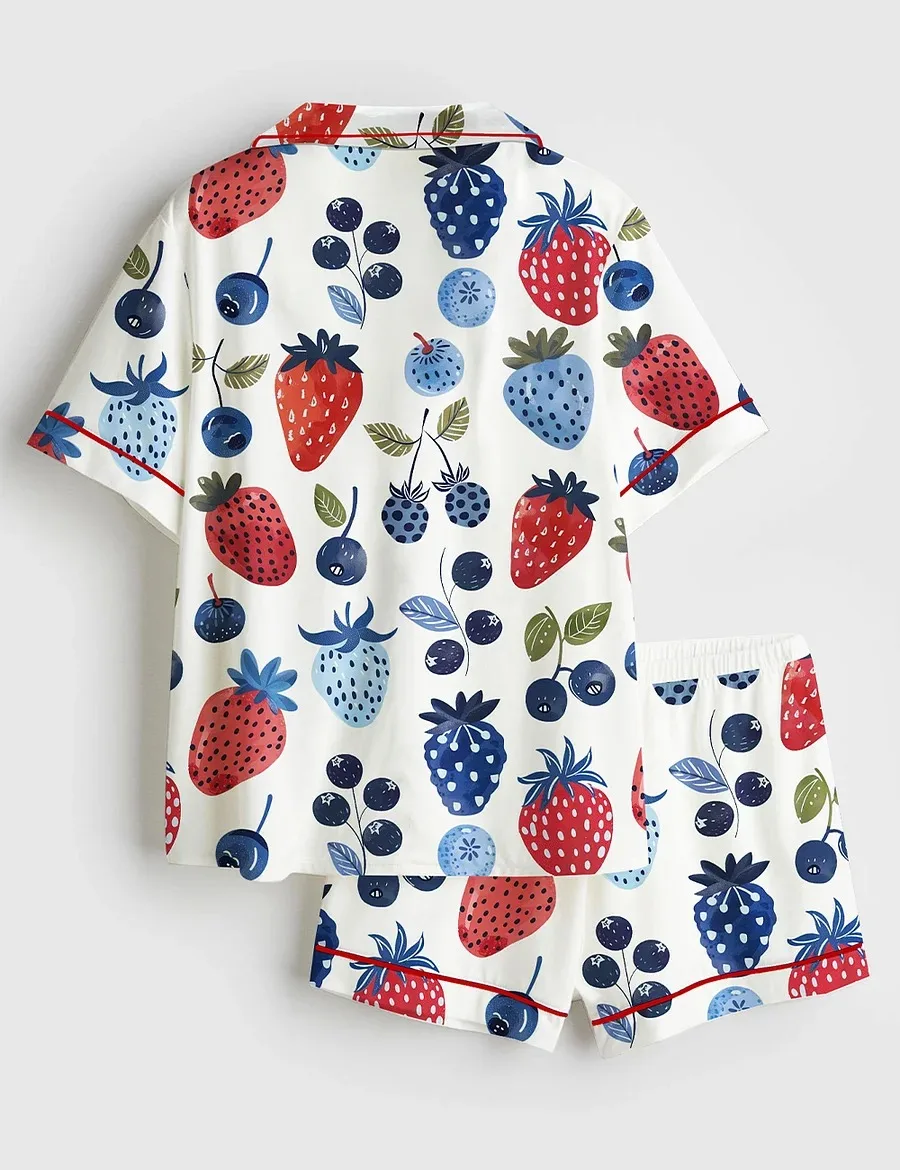 Women’s Strawberry Cottagecore Summer Blueberry The 4th Of July Satin Pajama Set (1)