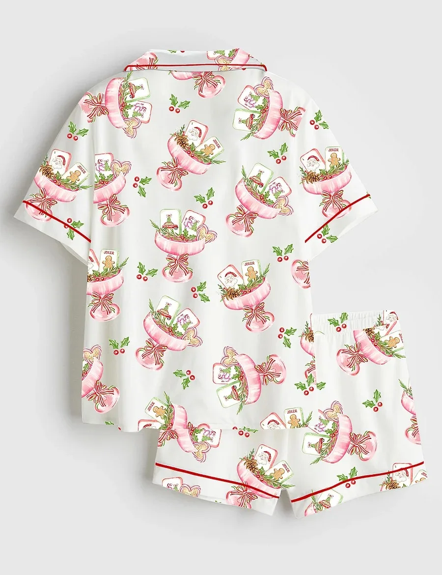Women’s Watercolor Christmas Mahjong Cocktail Satin Pajamas Set (1)