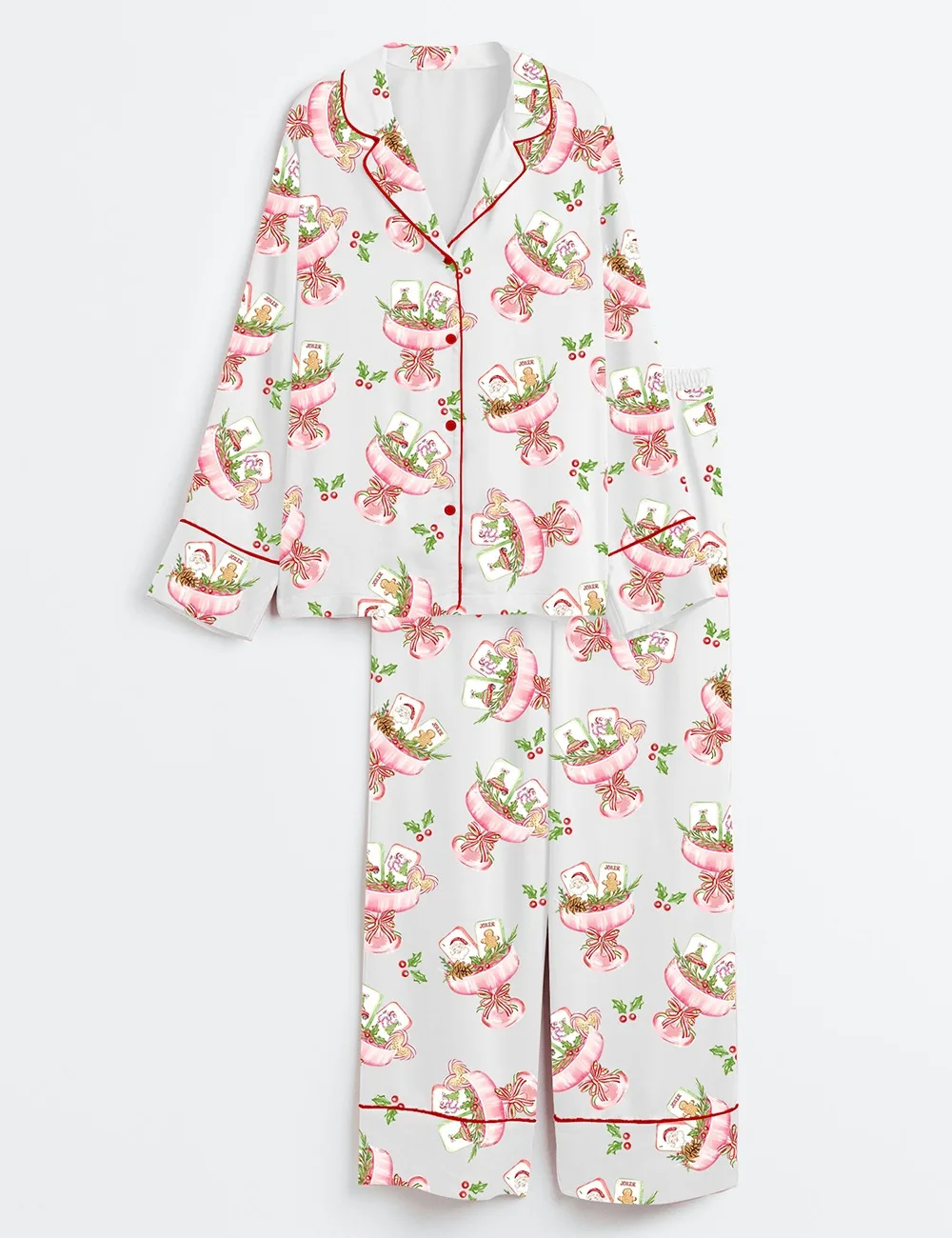 Women’s Watercolor Christmas Mahjong Cocktail Satin Pajamas Set (1)