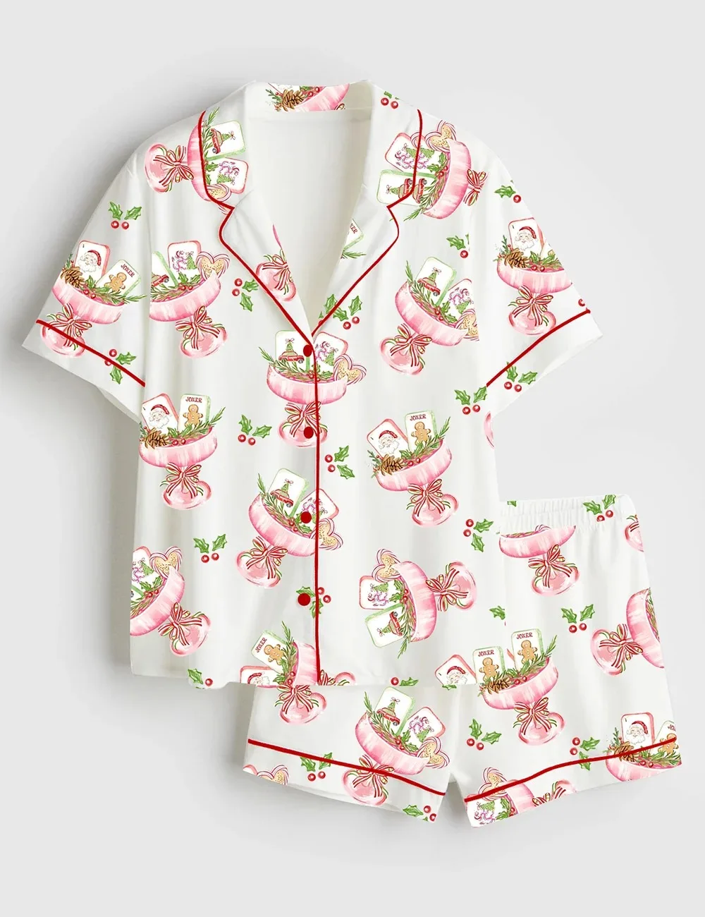 Women’s Watercolor Christmas Mahjong Cocktail Satin Pajamas Set (1)