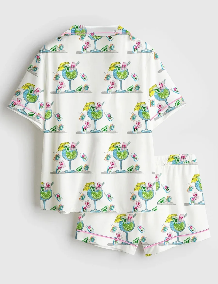 Women’s Watercolor Hand Drawn Mahjong Tile Cocktail Satin Pajamas Set (1)