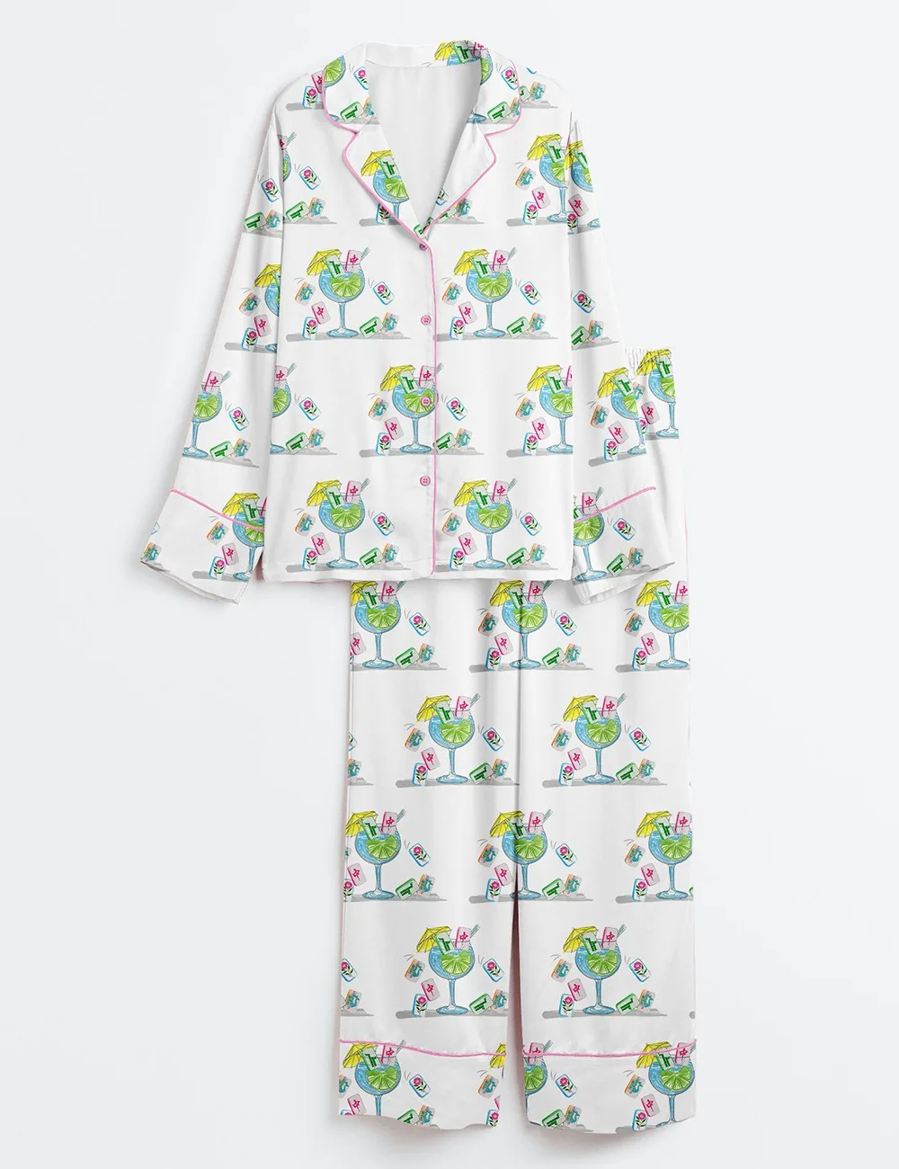 Women’s Watercolor Hand Drawn Mahjong Tile Cocktail Satin Pajamas Set (1)