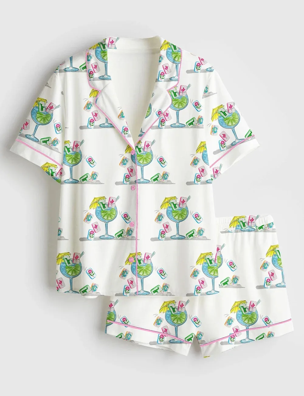 Women’s Watercolor Hand Drawn Mahjong Tile Cocktail Satin Pajamas Set (1)