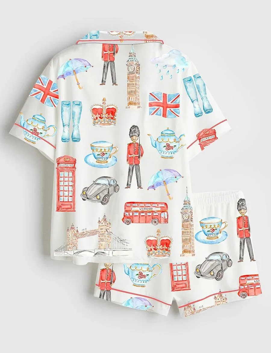 Women’s Watercolor London City Sightseen Bridge Satin Pajama Set (1)