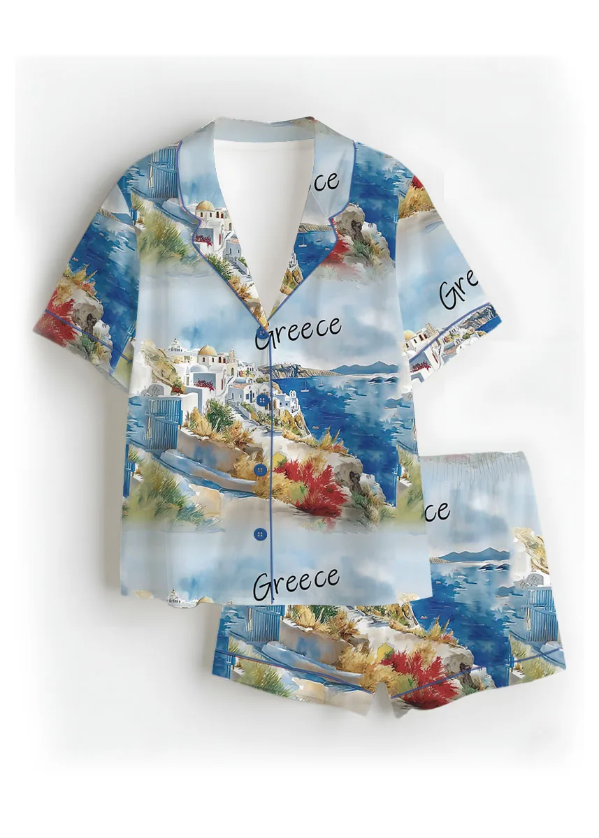 Women's Europe Travel Greece Pajamas Set For Women, Pastel Blue Color, US Size S-5XL