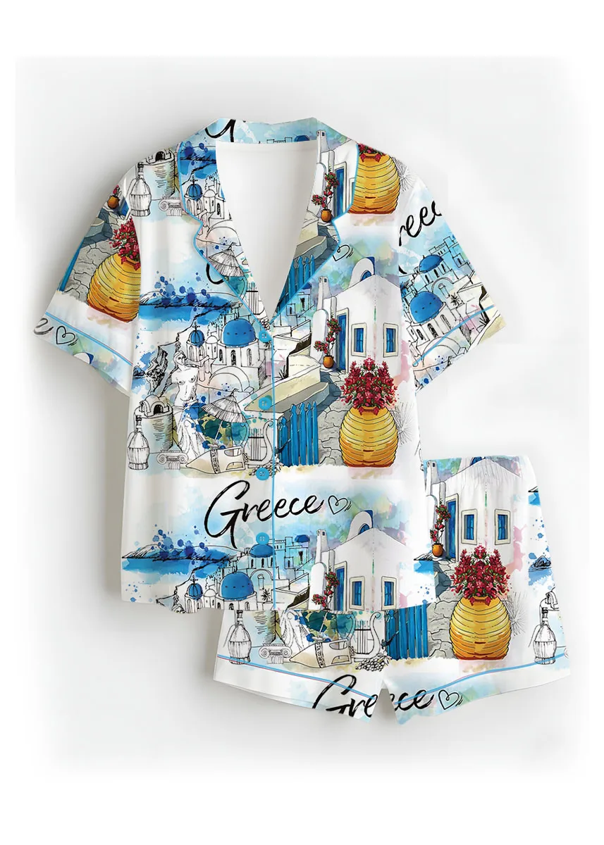 Women's Europe Travel Greece Pajamas Set For Women, White Color, US Size S-5XL