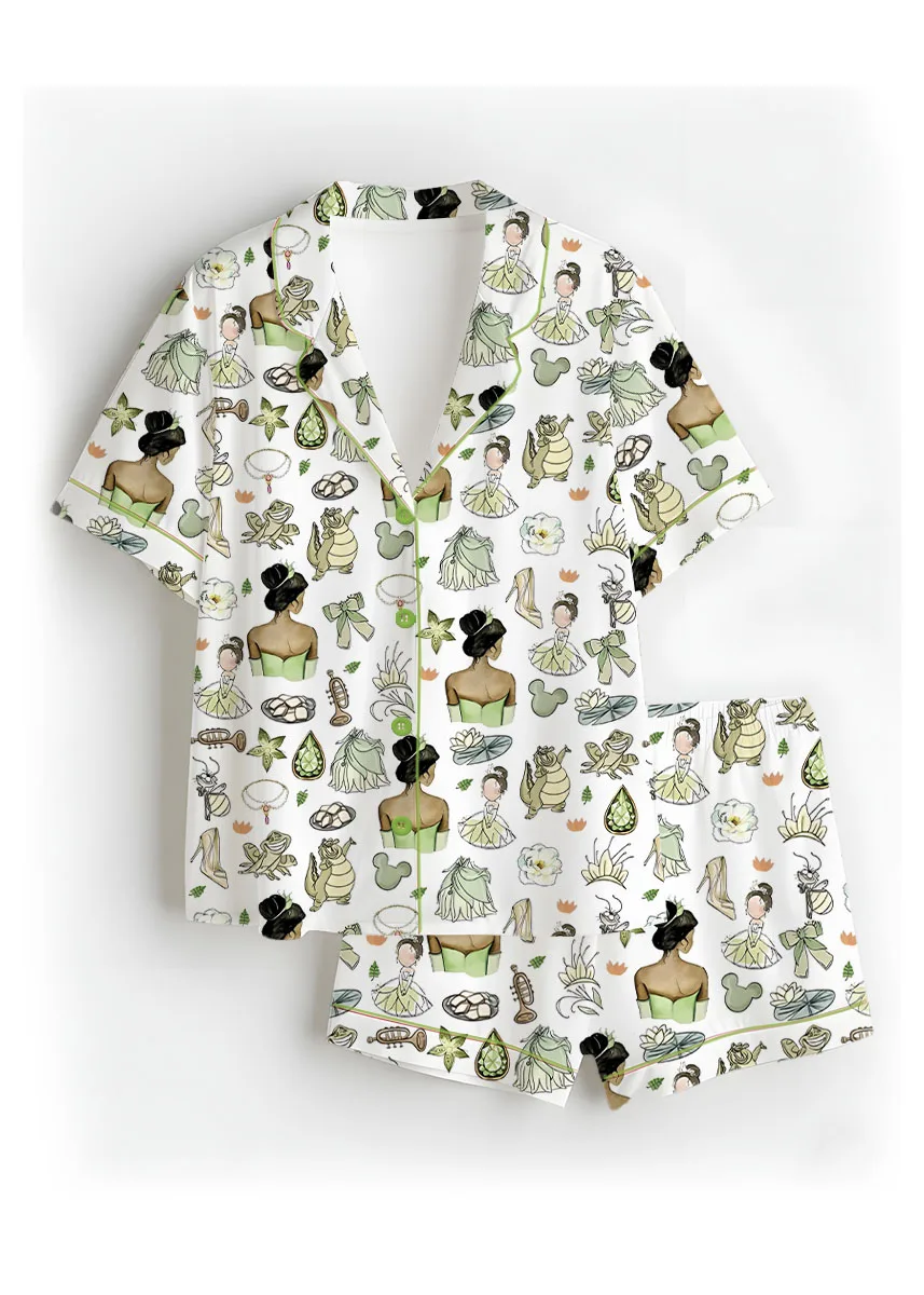 Women’s Princess And The Frog Satin Pajamas Set, White Color, US Size S-5XL
