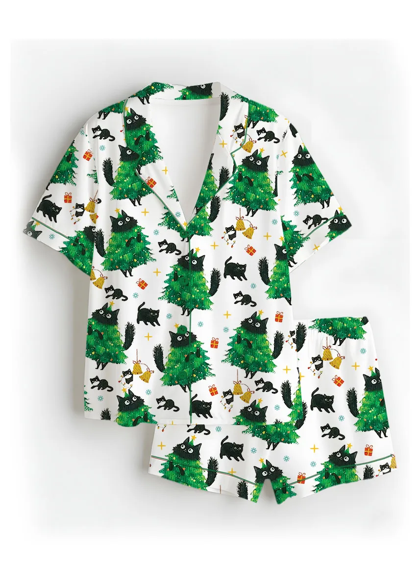 Merry Christmas Tree Black Cat Satin Pajamas Set For Women
