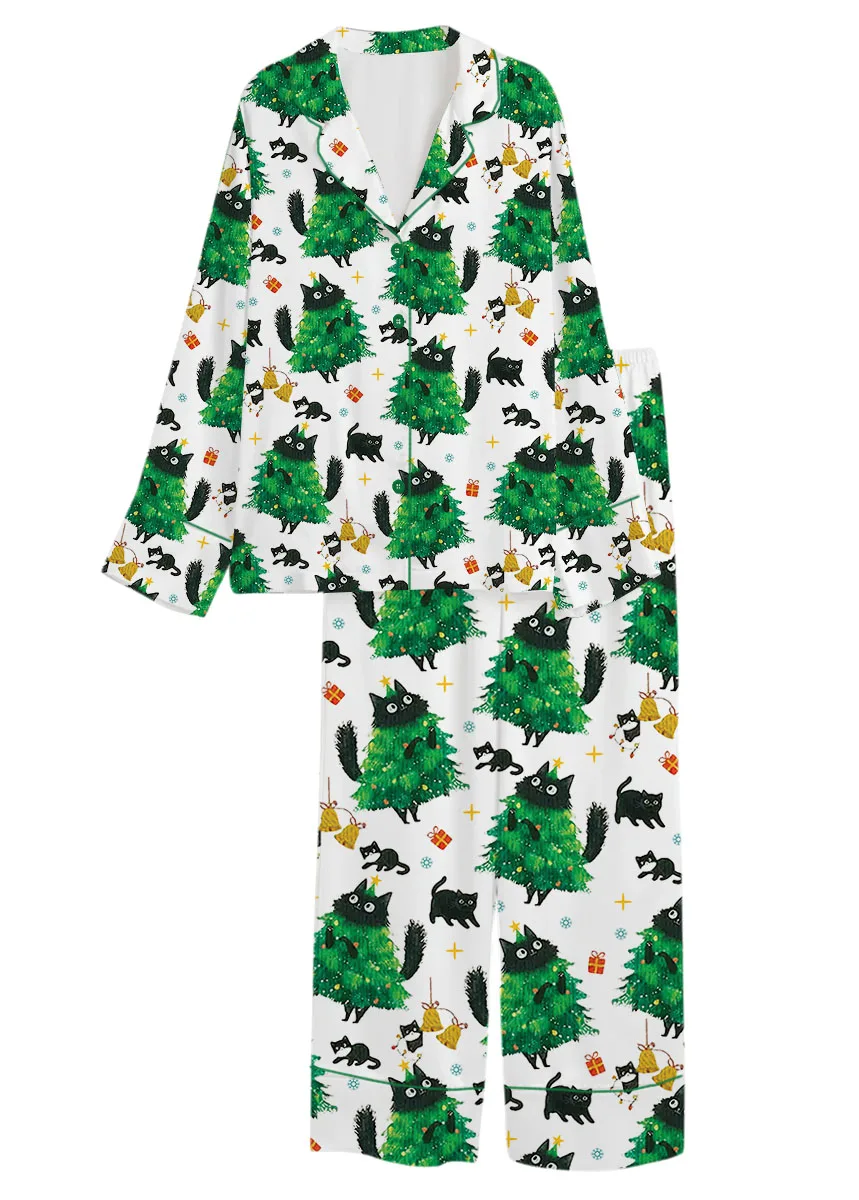 Merry Christmas Tree Black Cat Satin Pajamas Set For Women