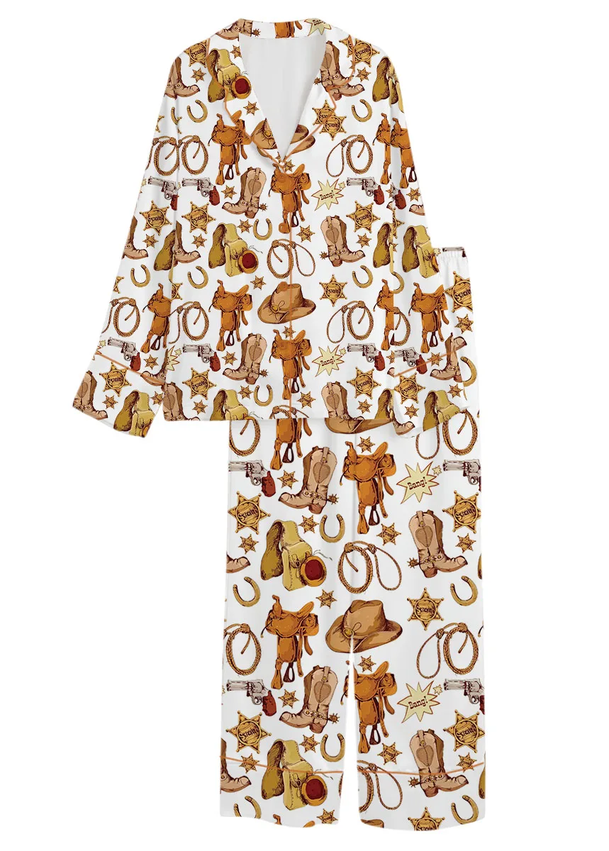 Western Cowboy Print Sleepwear Satin Pajamas Set For Women - Image 13