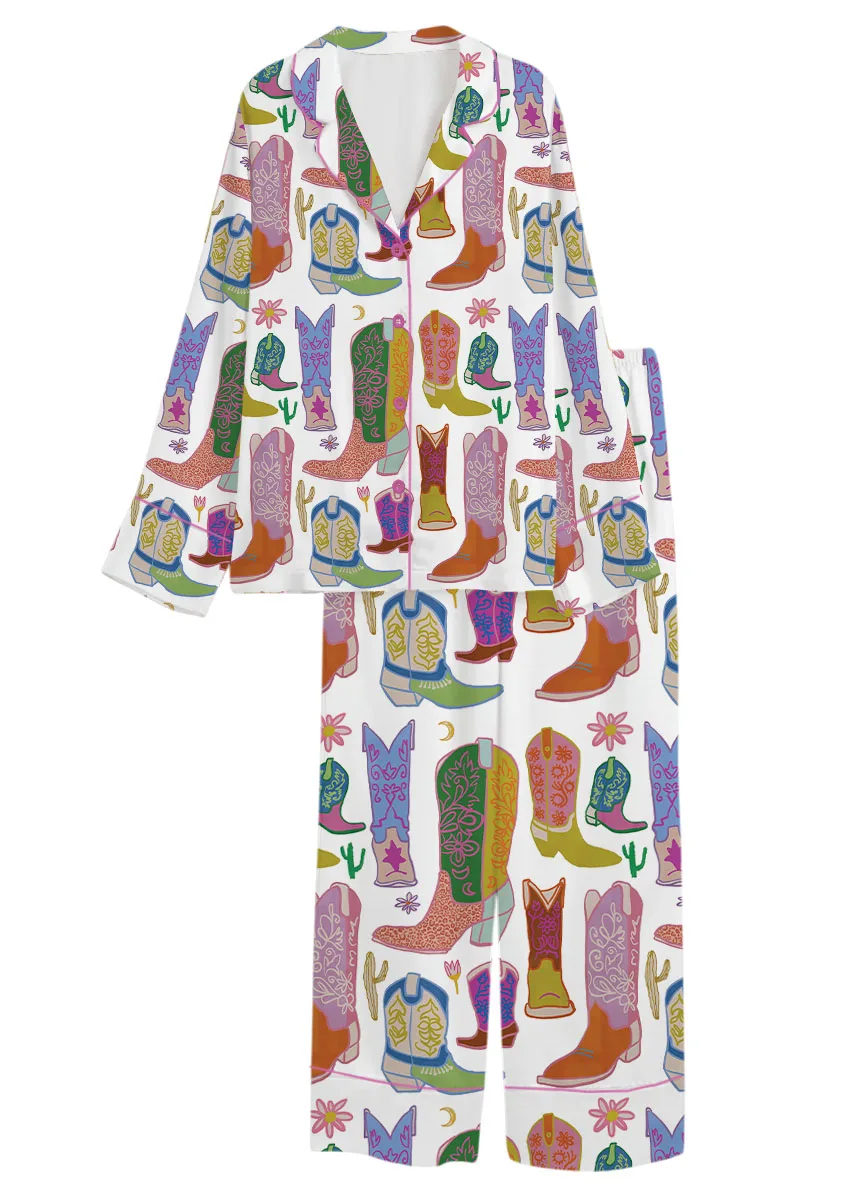 Women’s Boho Cowboy Boots Satin Pajama Set, White Color, US Size S-5XL - Image 8