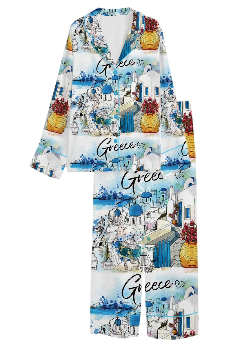 Women's Europe Travel Greece Pajamas Set For Women, White Color, US Size S-5XL - Image 8
