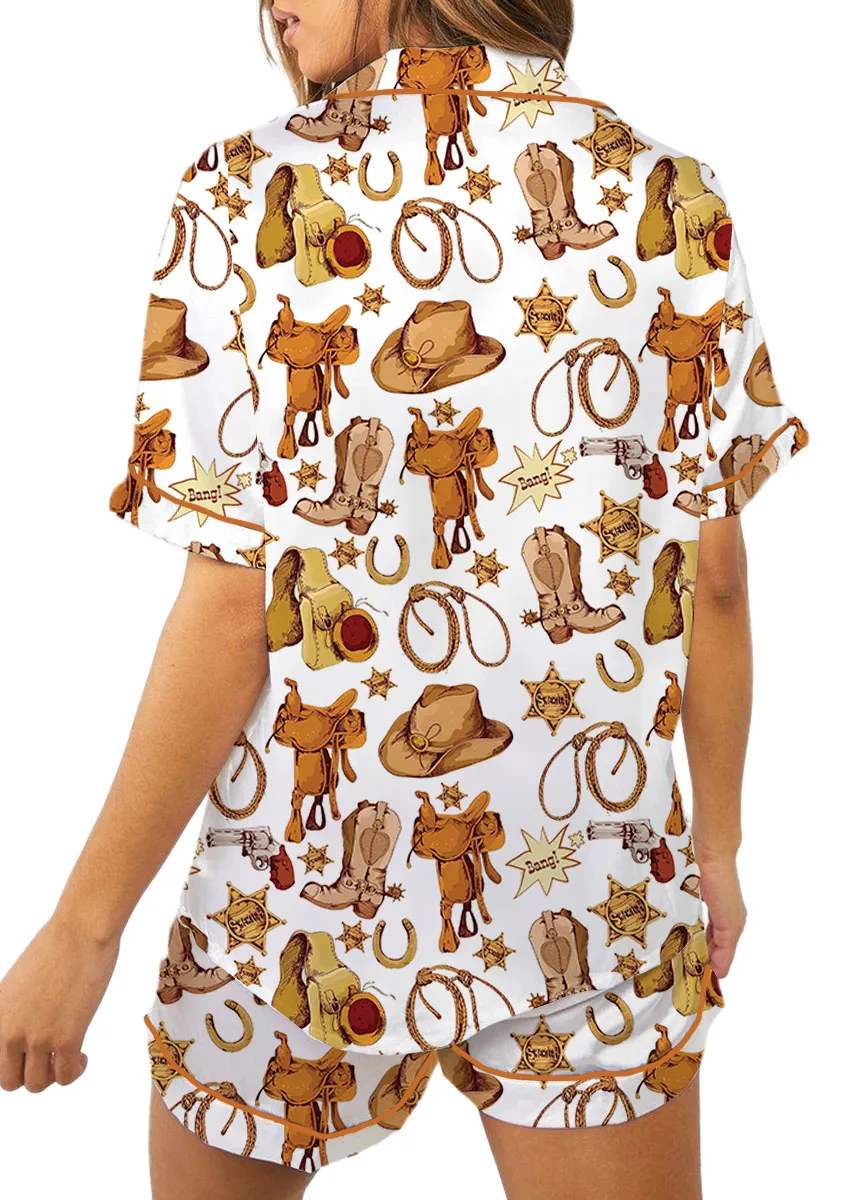 Western Cowboy Print Sleepwear Satin Pajamas Set For Women - Image 6