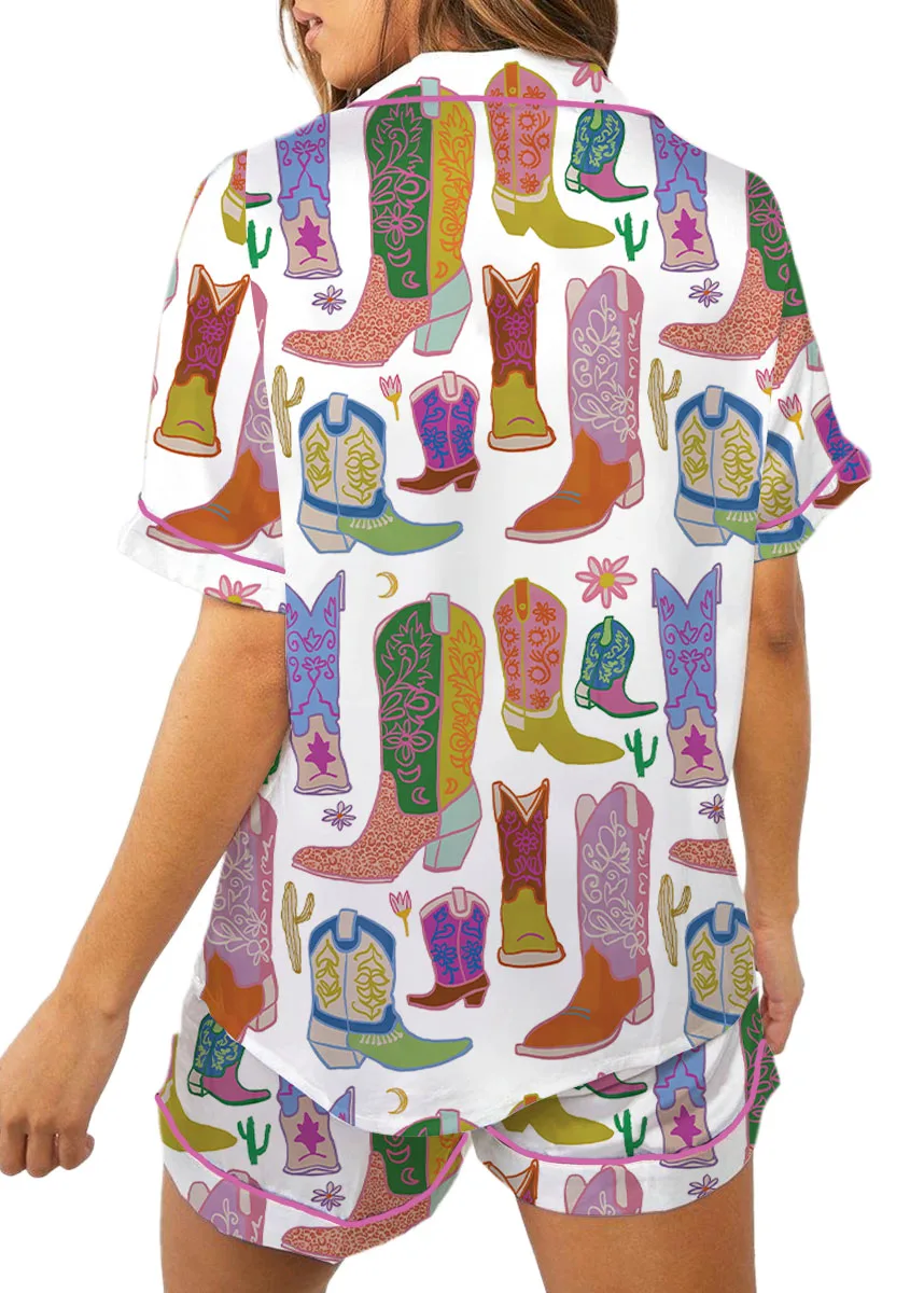 Women’s Boho Cowboy Boots Satin Pajama Set, White Color, US Size S-5XL - Image 6