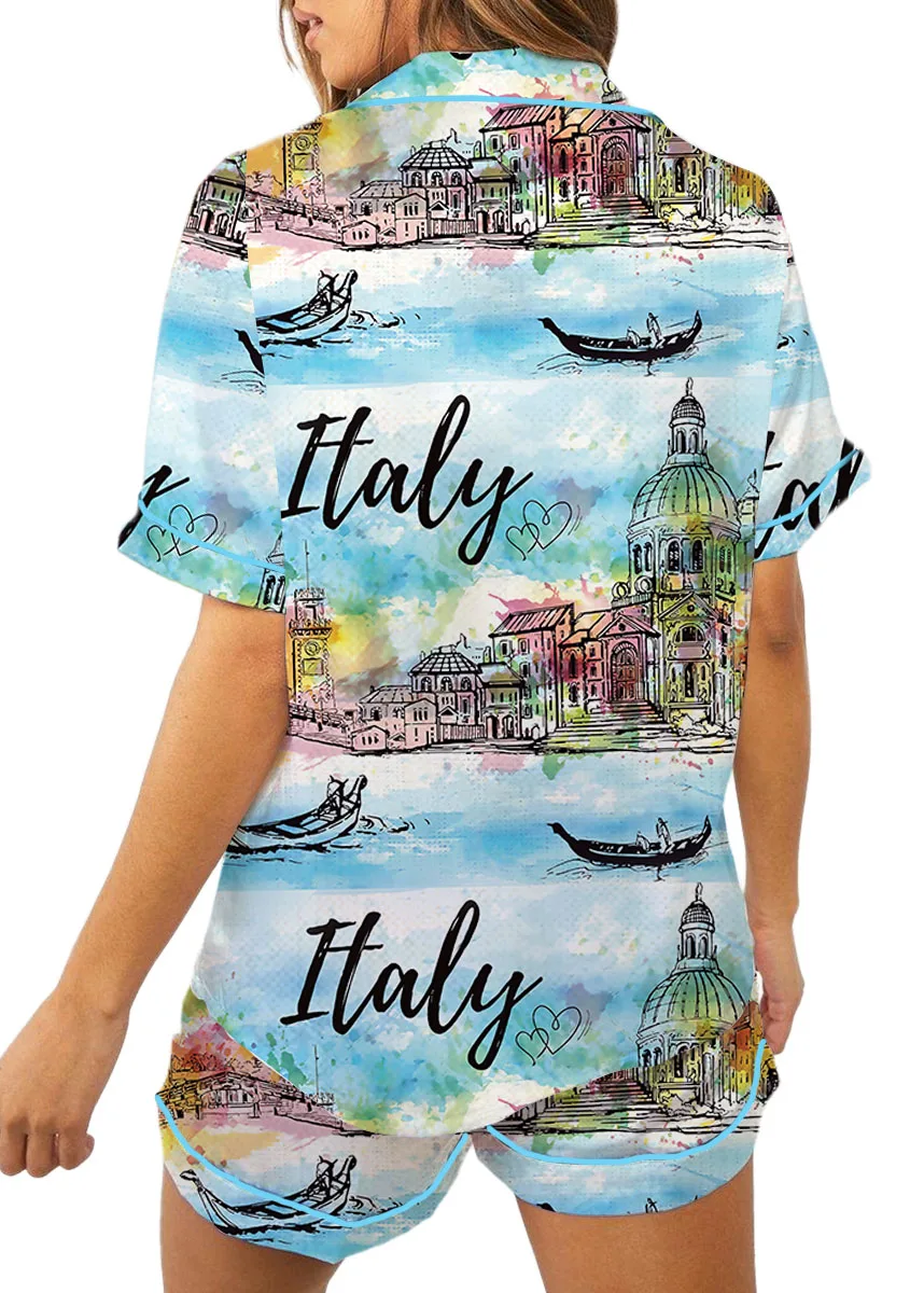Women's Italy Souvenirs Travel Essentials Pajamas Set For Women, Pastel Blue Color, US Size S-5XL - Image 6