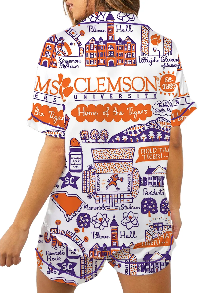 Clemson Tigers Hand Sketched Satin Pajamas Set For Women - Image 3