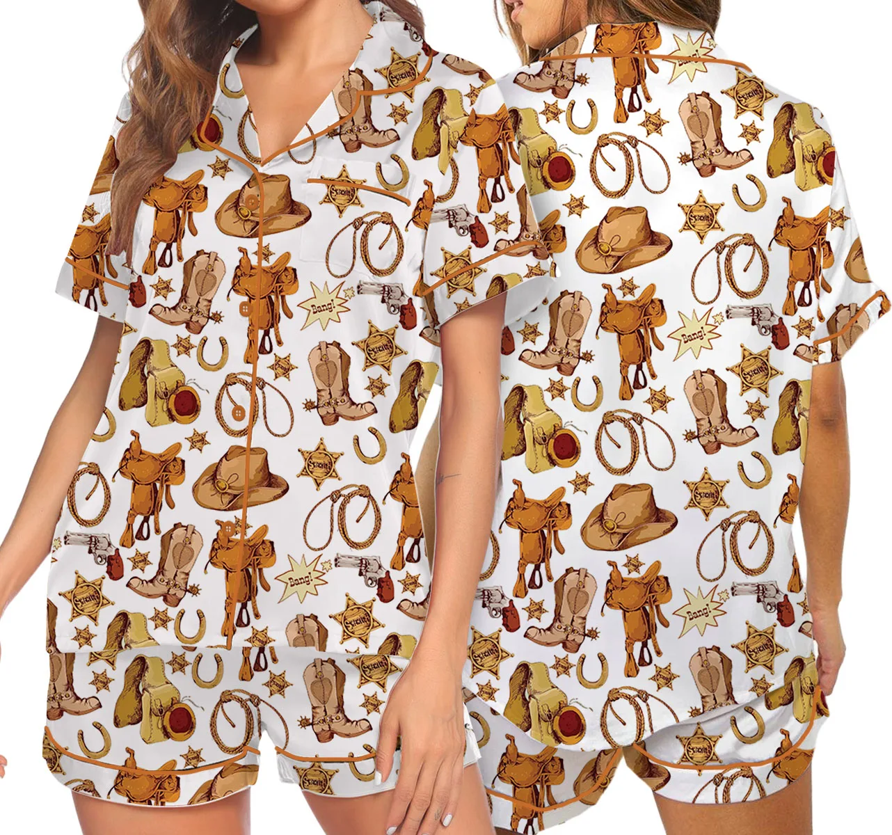 Western Cowboy Print Sleepwear Satin Pajamas Set For Women - Image 5