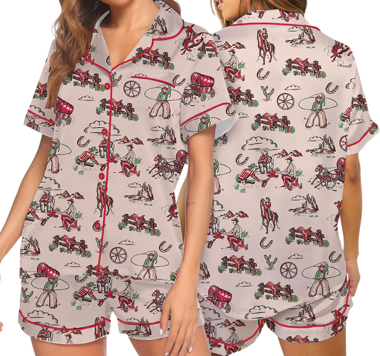 Women's Retro Cowgirl Western Satin Pajamas Set For Women - Image 7