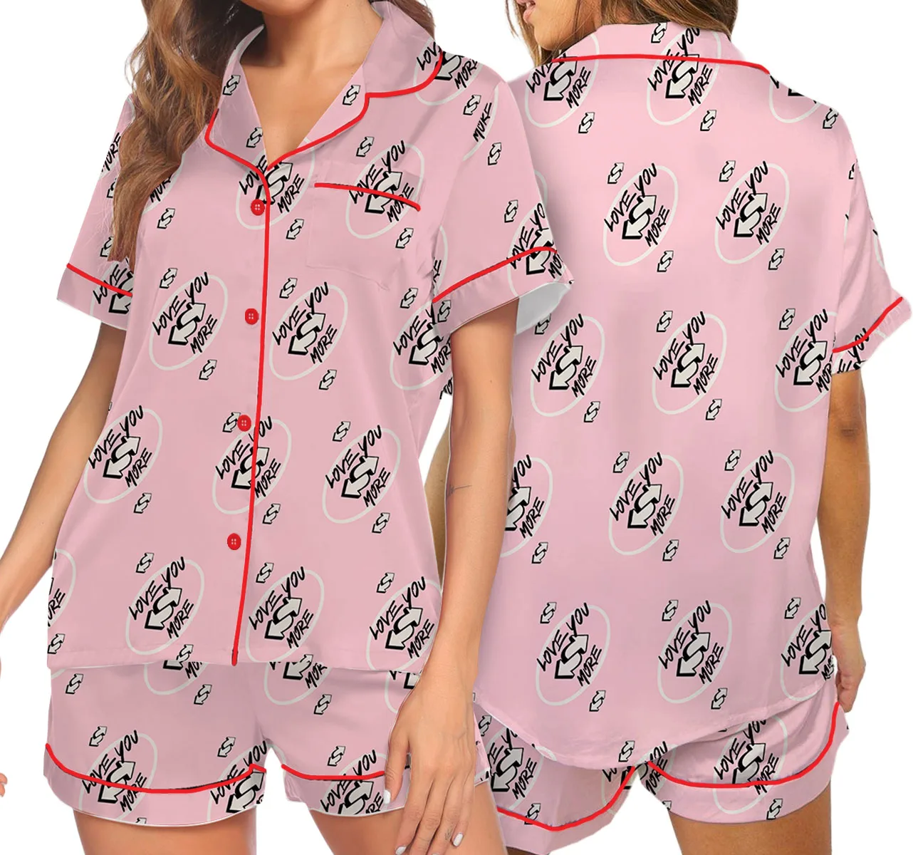 Love You More Pink Color Satin Pajama Set For Women