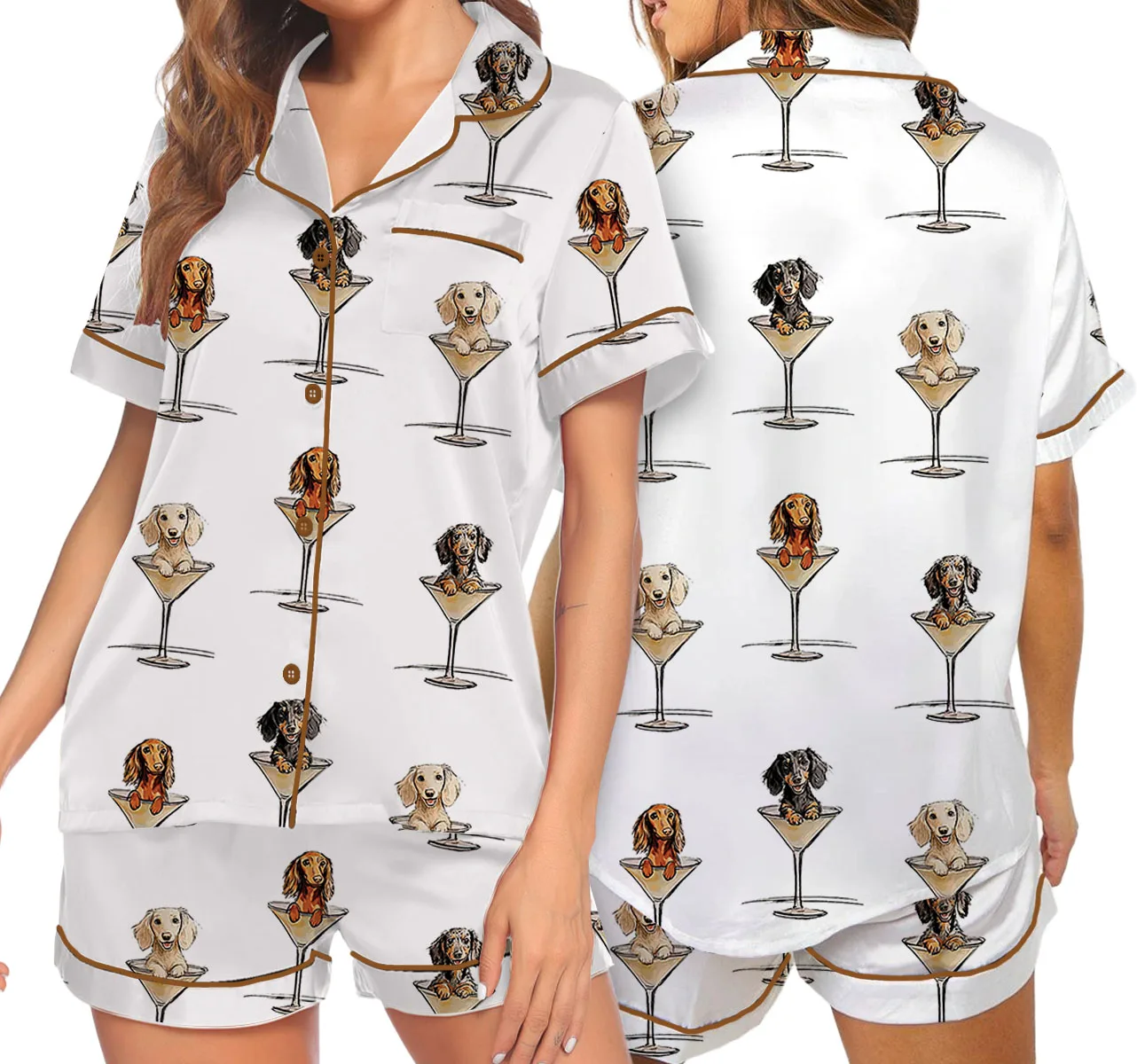 Women’s Dachshund Teeni Weeni Espresso Martini Satin Pajamas Set For Women - Image 5