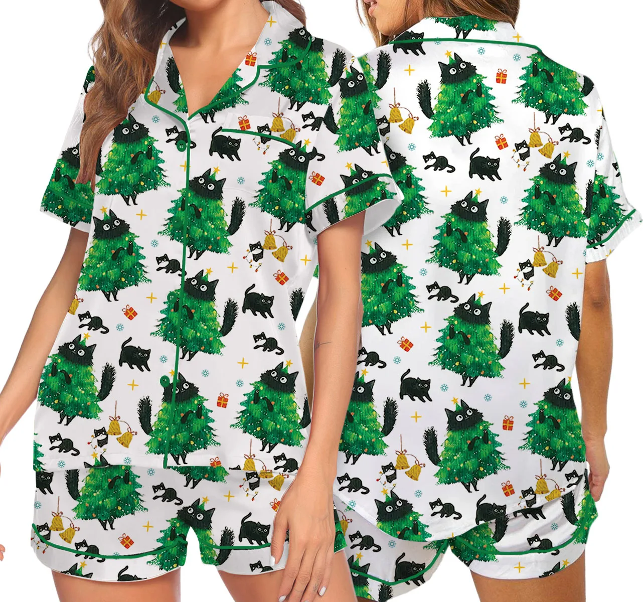 Merry Christmas Tree Black Cat Satin Pajamas Set For Women