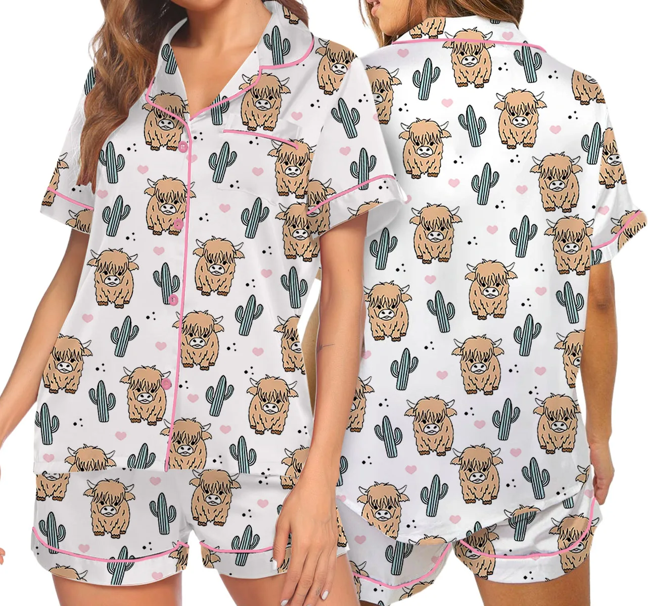Women’s Western Cow Cactus Satin Pajama Set For Women