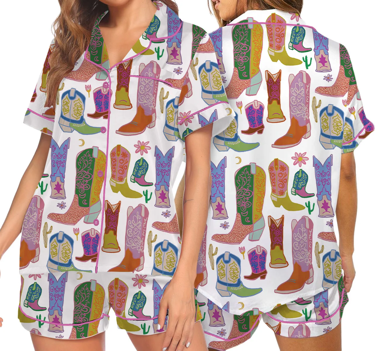 Women’s Boho Cowboy Boots Satin Pajama Set, White Color, US Size S-5XL - Image 5