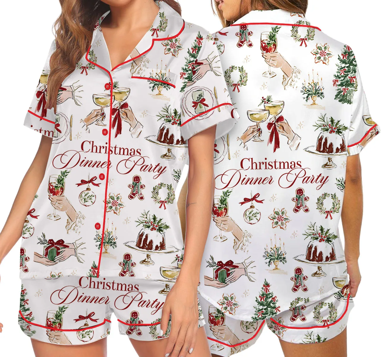 Christmas Dinner Party Satin Pajamas Set For Women