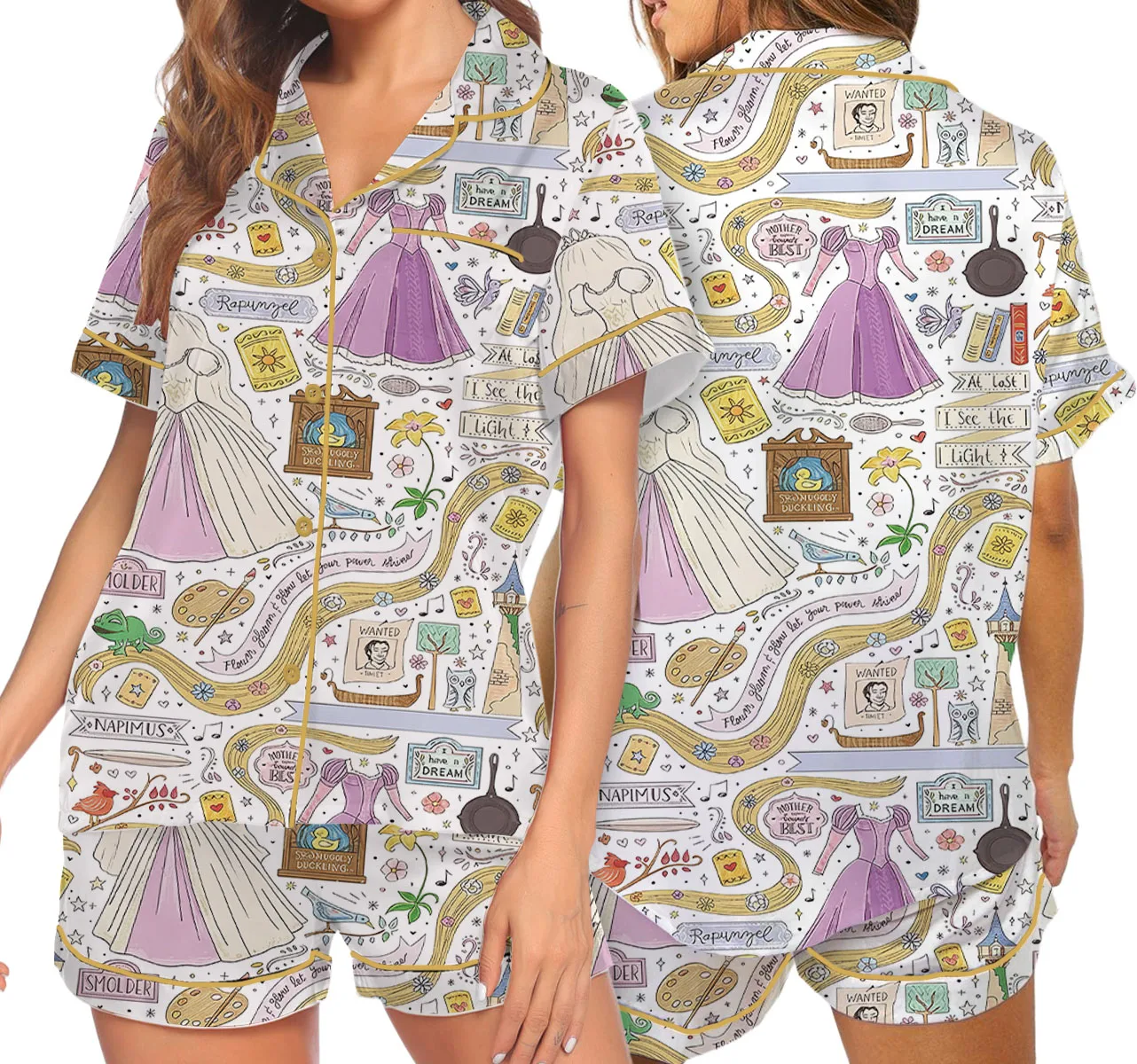Women's Long Hair Princess Satin Pajamas Set For Women, White Color, US Size S-5XL - Image 6