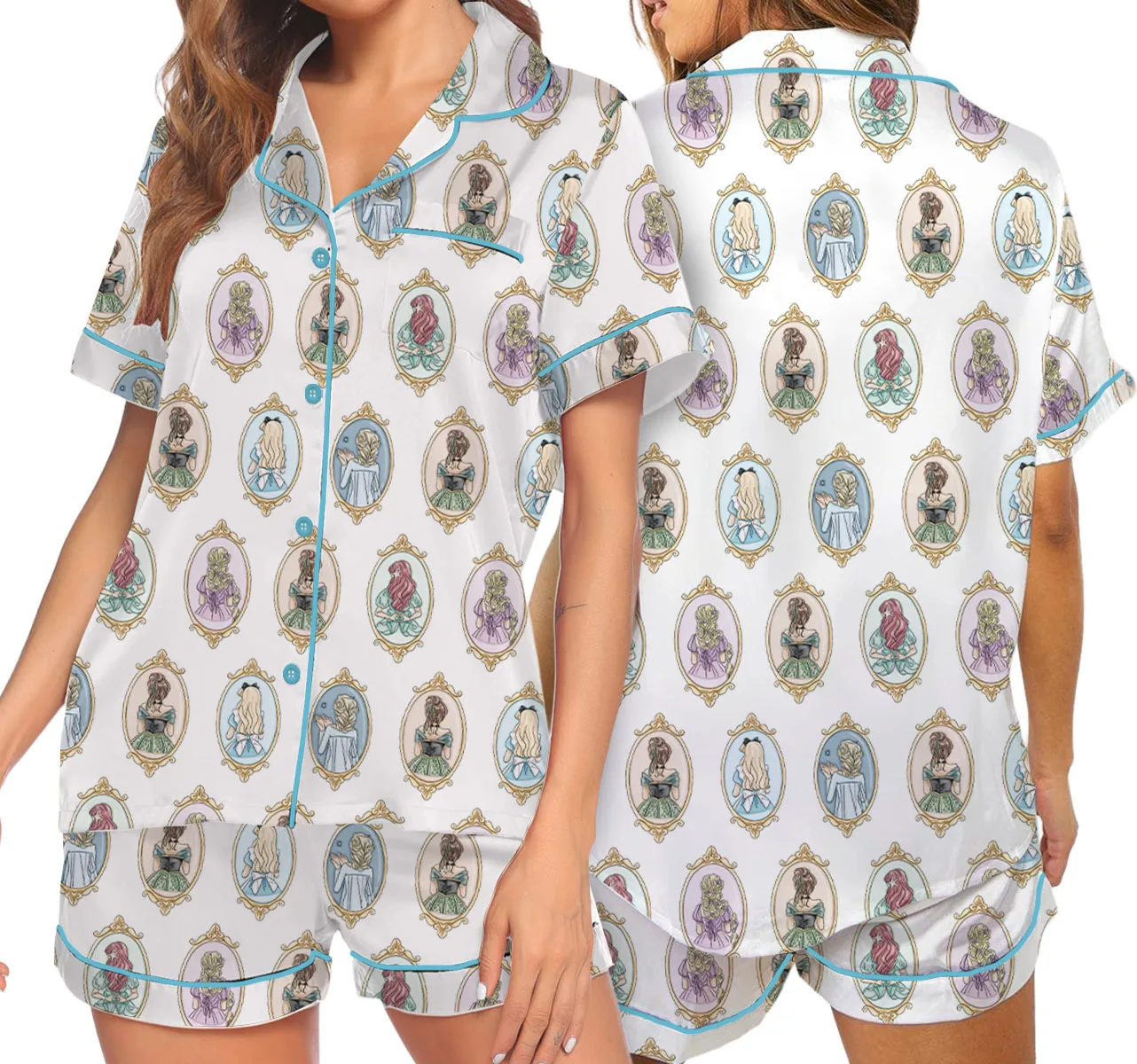 Women's Princesses Mirror Back View Iron Satin Pajamas Set For Women, White Color, US Size S-5XL - Image 5