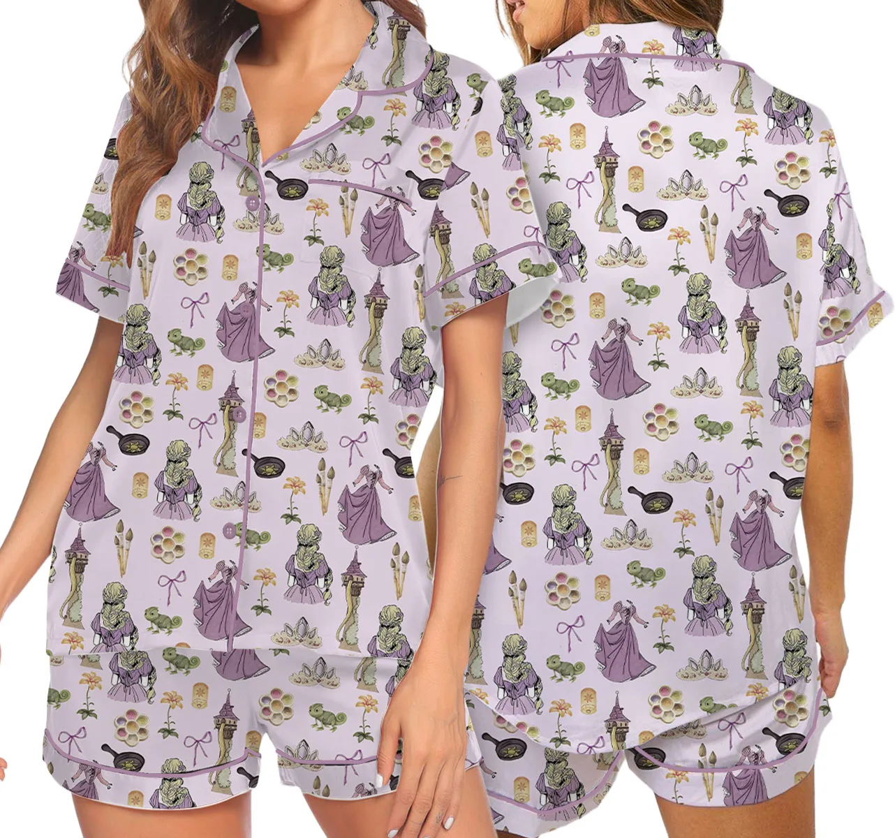 Women's Princesses Back View Pajamas Set For Women, Pastel Lilac Pink Color, US Size S-5XL - Image 4