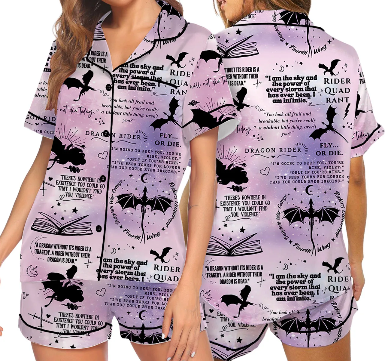 Women's Fantasy Bookish Pajamas Set For Women, Pastel Lilac Pink, US Size S-5XL - Image 5