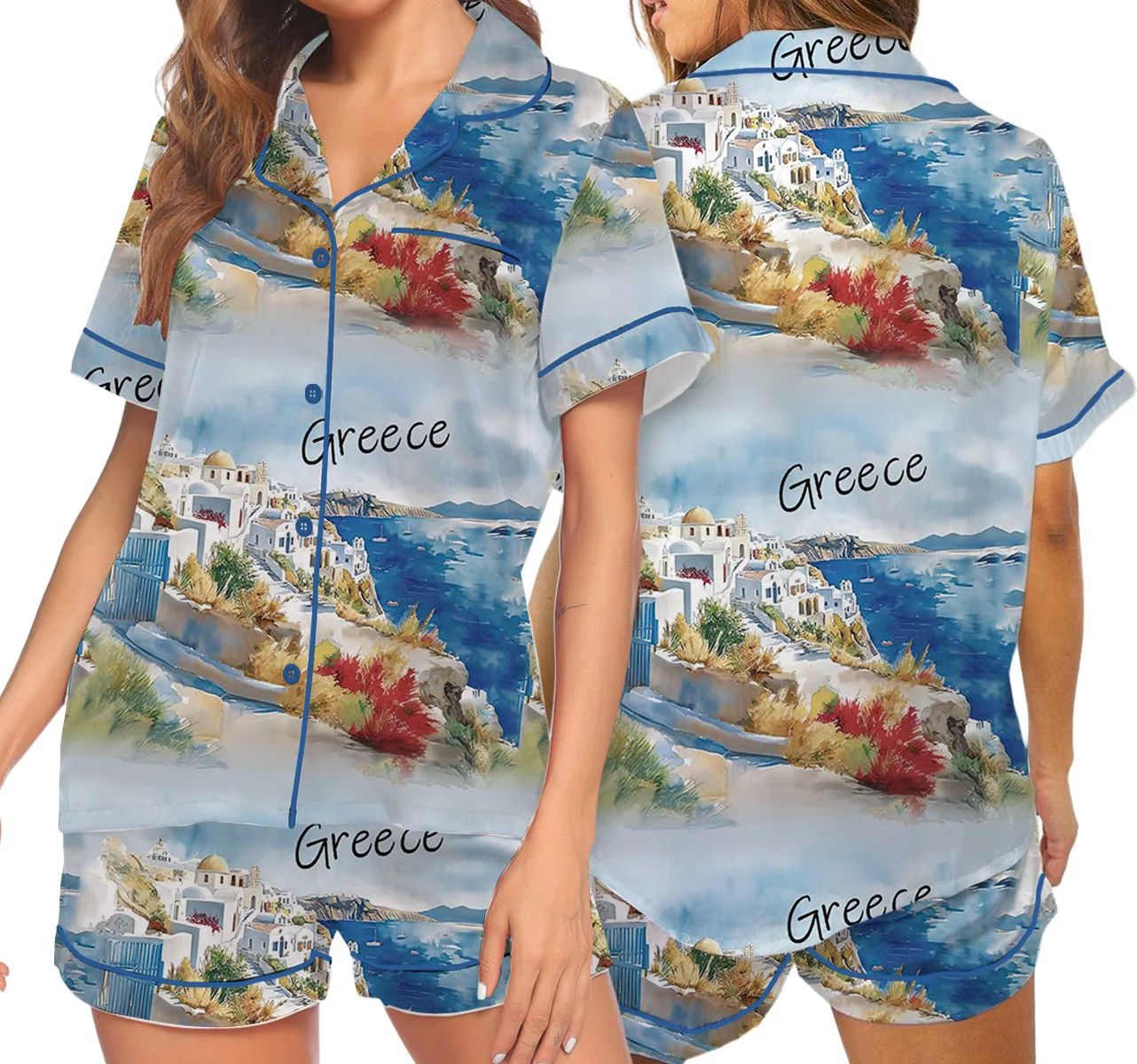 Women's Europe Travel Greece Pajamas Set For Women, Pastel Blue Color, US Size S-5XL - Image 7