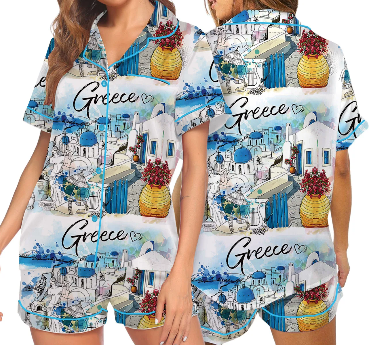 Women's Europe Travel Greece Pajamas Set For Women, White Color, US Size S-5XL - Image 7