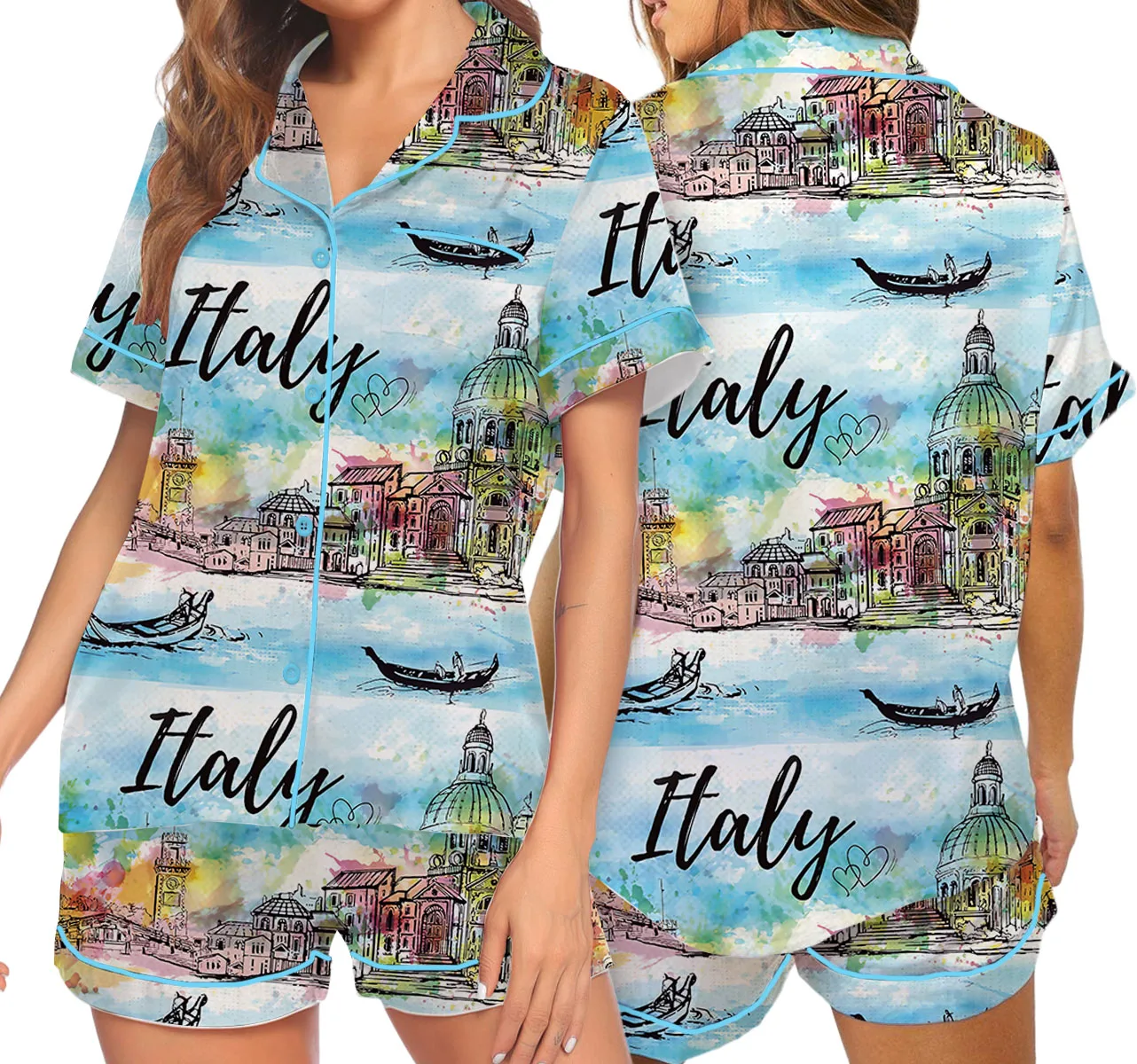 Women's Italy Souvenirs Travel Essentials Pajamas Set For Women, Pastel Blue Color, US Size S-5XL - Image 7