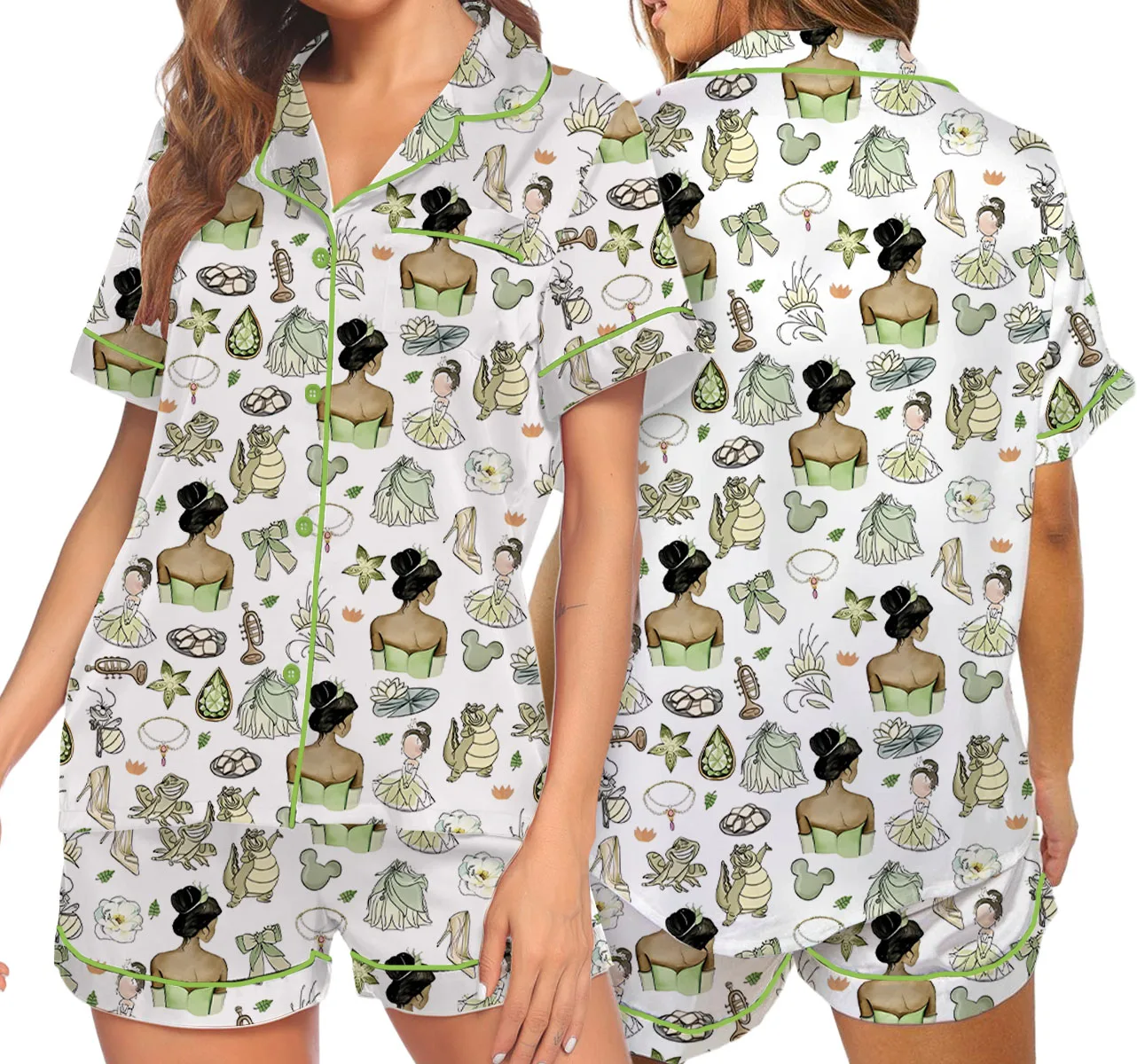 Women’s Princess And The Frog Satin Pajamas Set, White Color, US Size S-5XL - Image 6