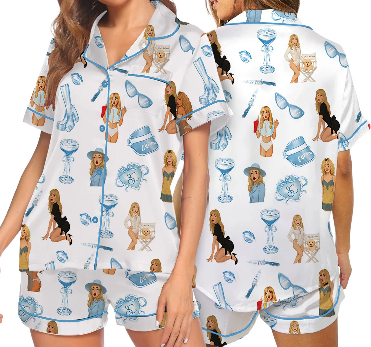 Women’s Espresso SC Satin Pajamas Set For Women, White Color, US Size S-5XL - Image 2
