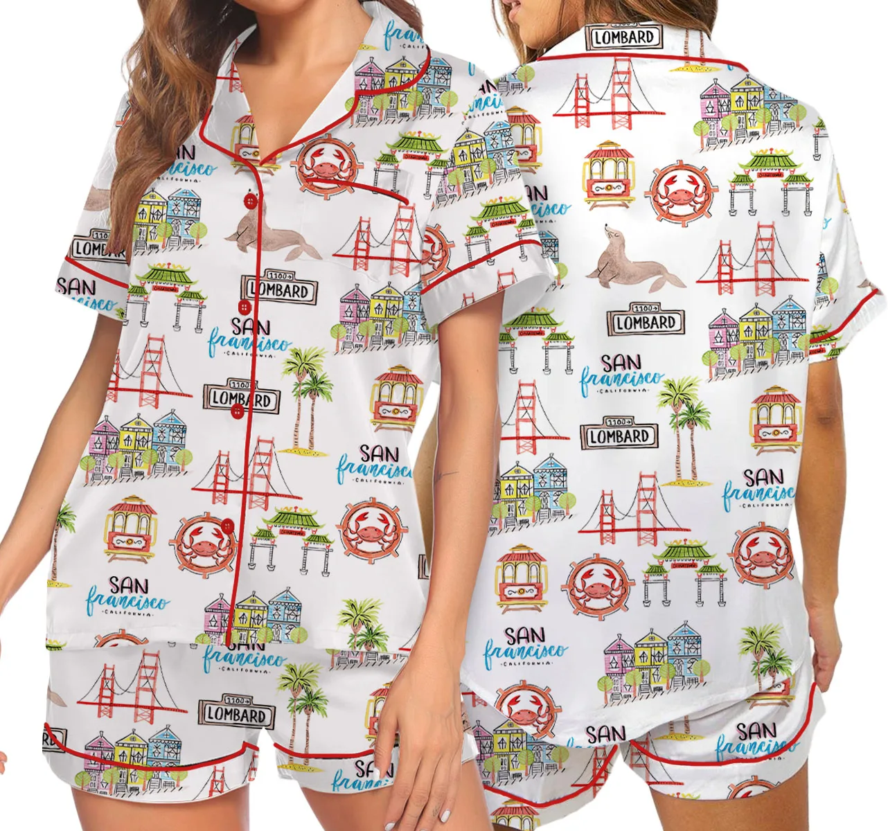 Women’s San Francisco Satin Pajamas Set, White Color, US Size S-5XL - Image 5