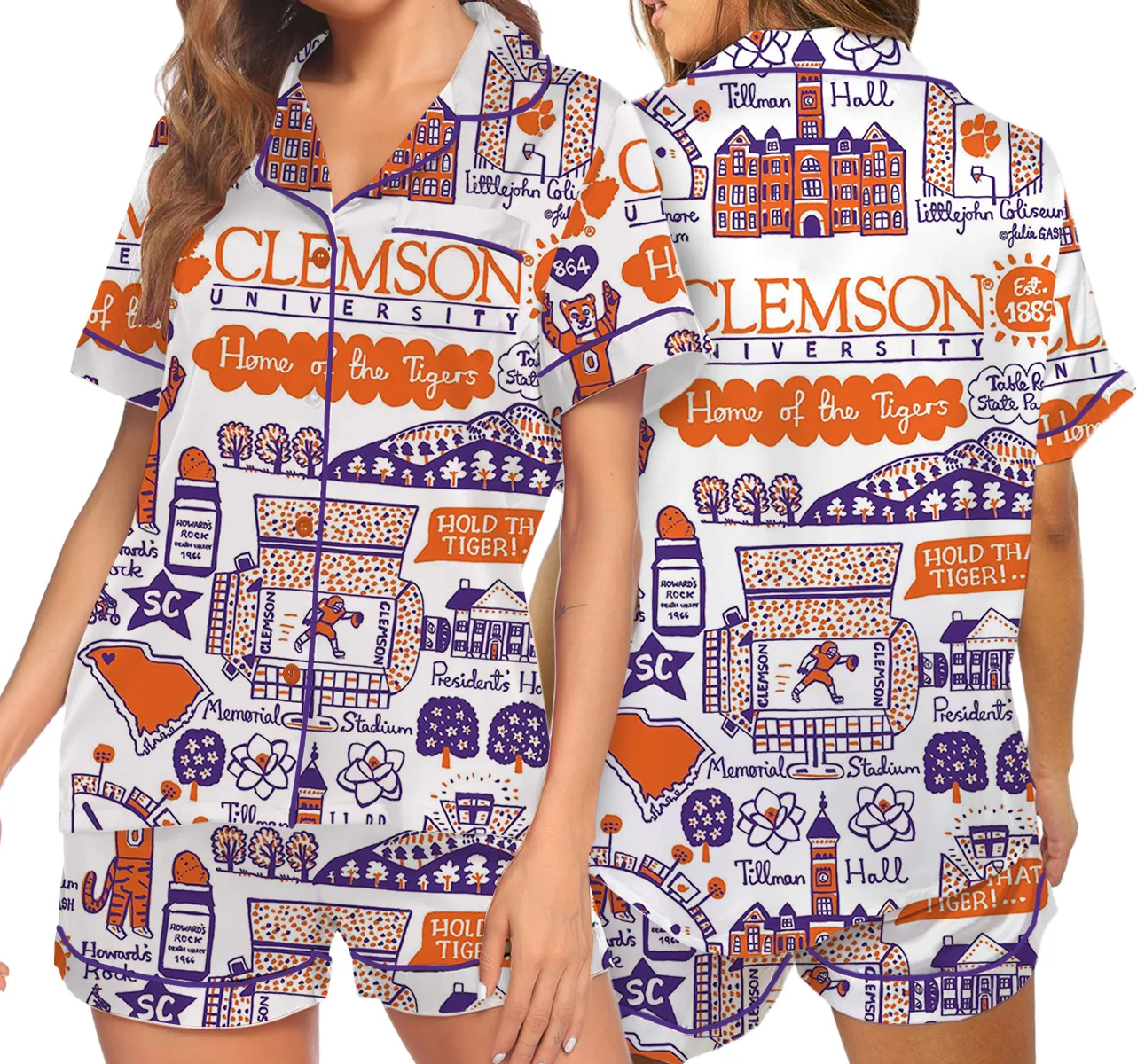 Clemson Tigers Hand Sketched Satin Pajamas Set For Women - Image 2