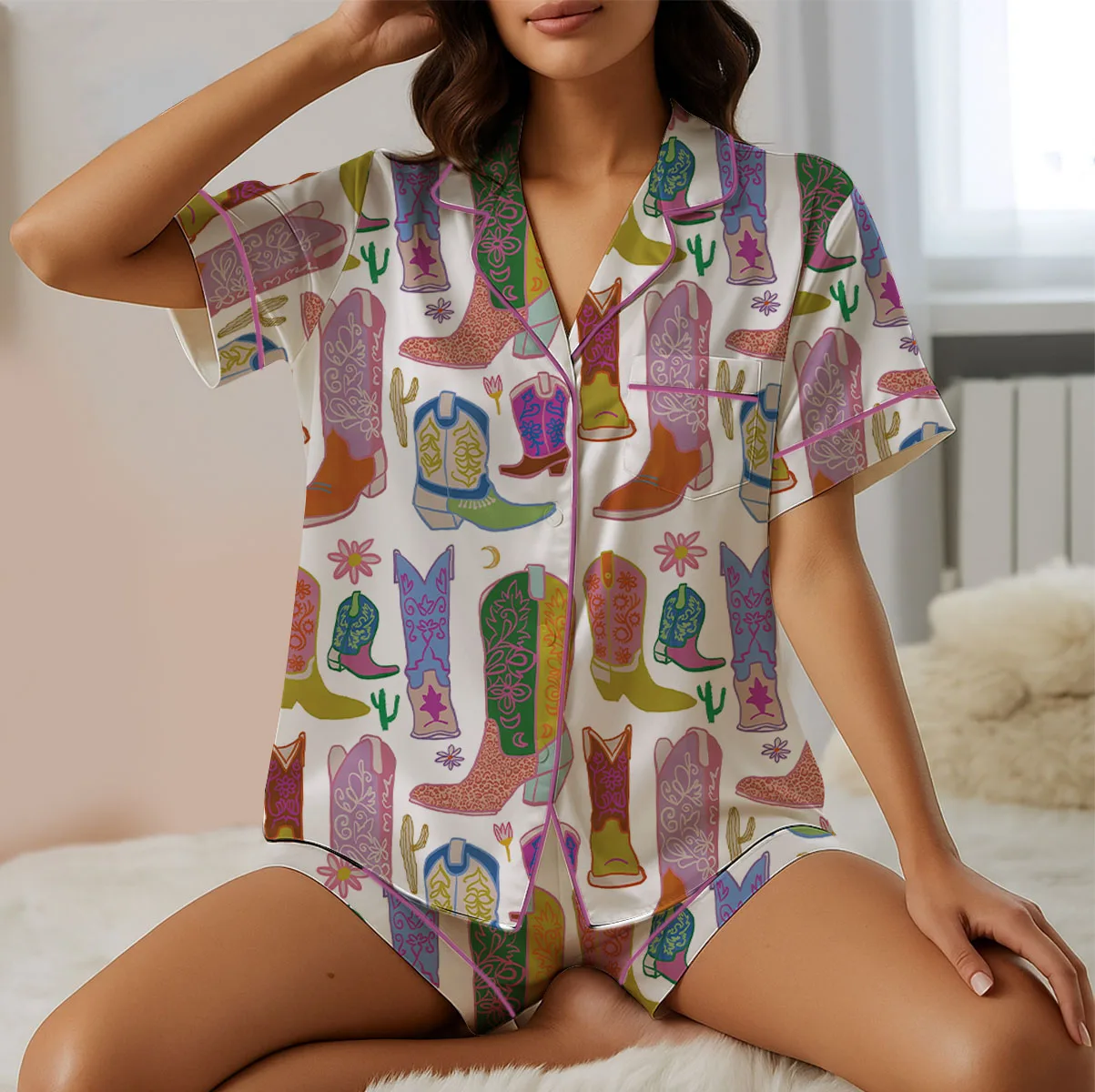 Women’s Boho Cowboy Boots Satin Pajama Set, White Color, US Size S-5XL - Image 11
