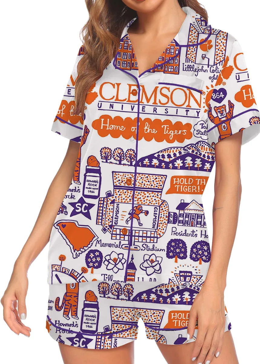 Clemson Tigers Hand Sketched Satin Pajamas Set For Women - Image 4