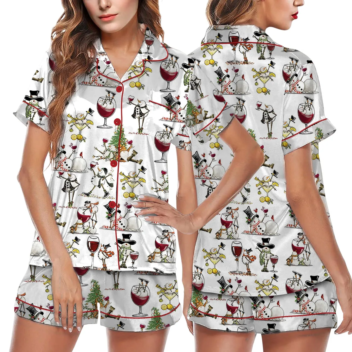 Women's Winey Snowman Satin Pajama Set For Women