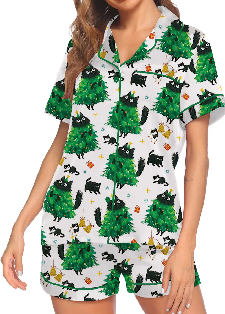 Merry Christmas Tree Black Cat Satin Pajamas Set For Women - Image 9