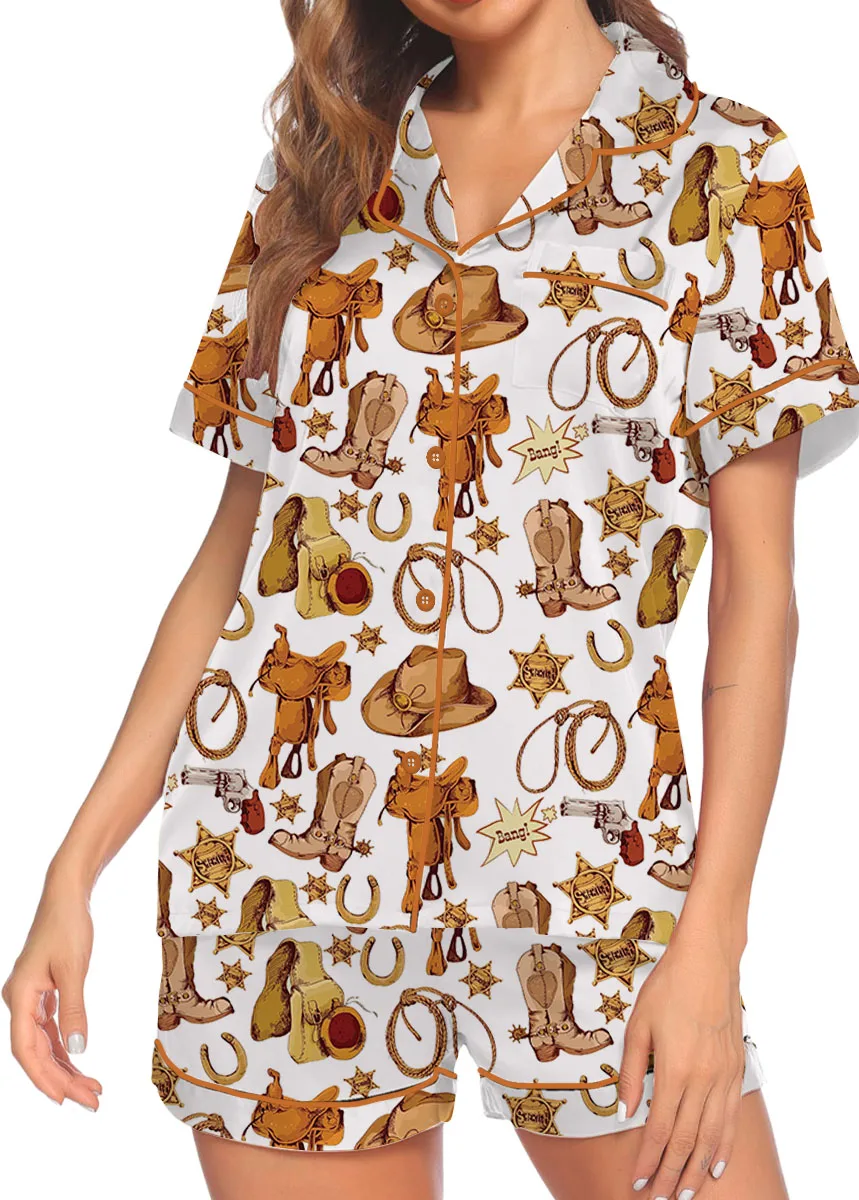 Western Cowboy Print Sleepwear Satin Pajamas Set For Women - Image 3