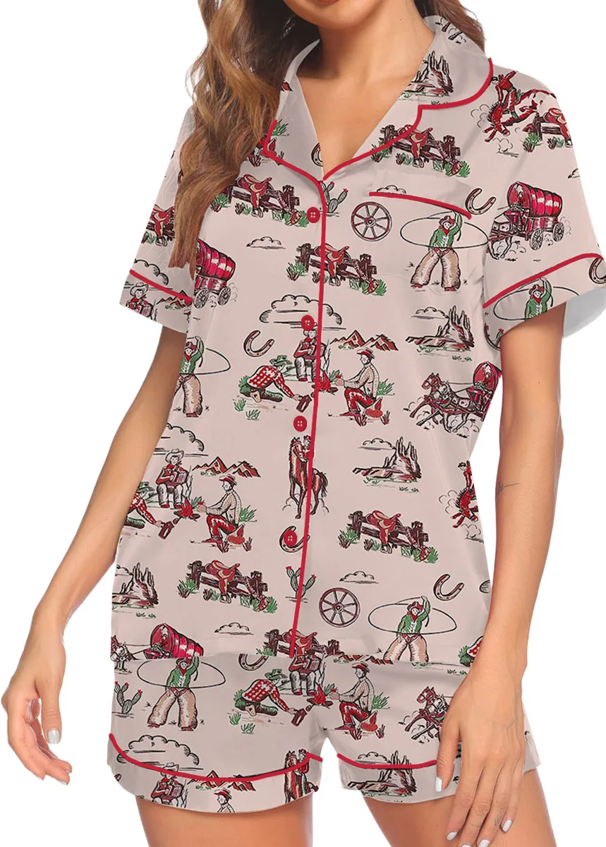 Women's Retro Cowgirl Western Satin Pajamas Set For Women - Image 3